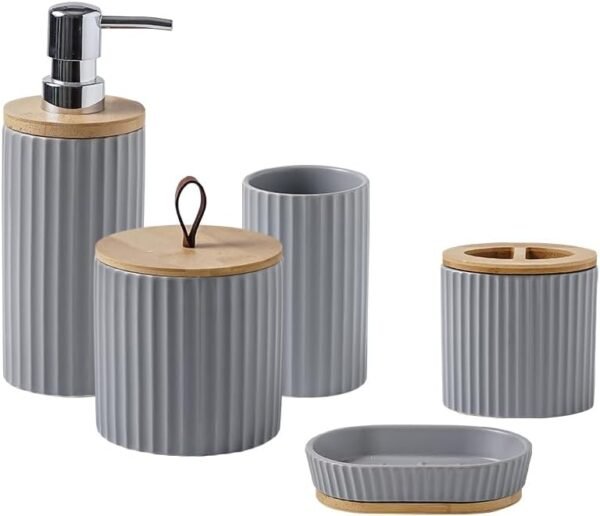 Contemporary Bathroom Vanity Set - 5pc Soap Dispenser and Toothbrush Holder Set with Cotton Ball Dispenser, Soap Dish, Tooth Glass - Ceramic Sink Accessories Set for Modern Bathrooms（Gray）