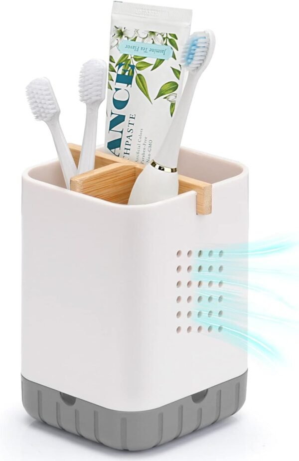 Toothbrush and Toothpaste Holder with Bamboo Divider for Bathroom Countertop Organizer, Plastic Detachable Anti-Slip Large Electric Toothbrush Holders Storage Caddy Drainage for Family, Kids