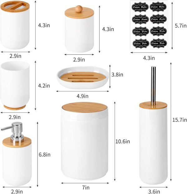 Bamboo Bathroom Accessories, 8pcs Bathroom Accessory Set with Trash Can, Toothbrush Holder, Soap Dispenser, Soap Dish, Plastic  Holder - Image 2