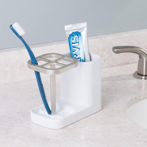 Ceramic Toothbrush and Toothpaste Holder for Bathroom Vanity Countertop or Medicine Cabinet -5.75" x 3.10" x 4.49", Satin White/Nickel - Image 2