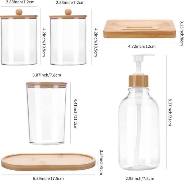 Bathroom Soap Dispenser Set, Bamboo Bathroom Accessories Set of 6, Toothbrush Holder, Soap Dispenser, Soap Dish, Tray and 2 Plastic  Medicine Jars with Bamboo Lid - Image 2