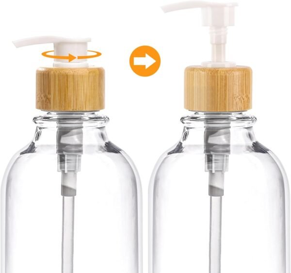 Bamboo Bathroom Accessories Set 4 Pcs - Clear Toothbrush Holder Plastic Soap Dispenser and 2  Holder Cotton Swab/Pad/Ball Container Jar - Image 2
