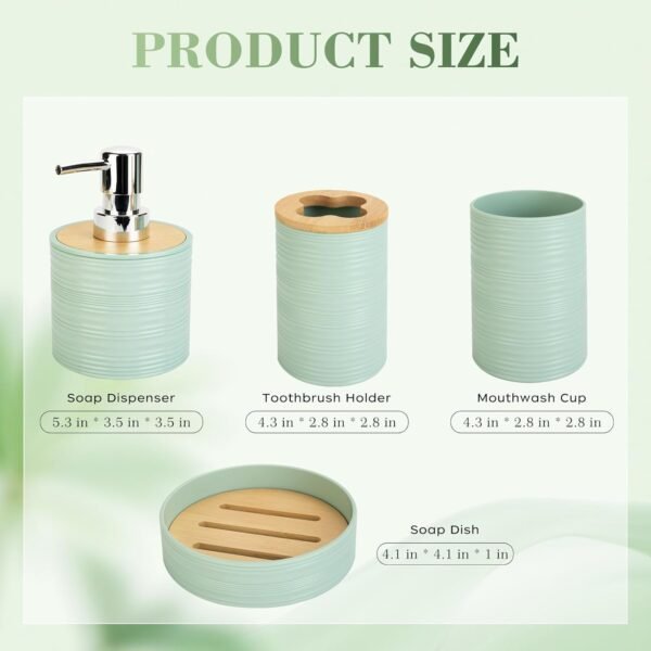 4 PCS Plastic & Bamboo Circular Bathroom Accessories Set, Soap Dispenser and Toothbrush Holder Set, Soap Dish and Mouthwash Cup(Haze Green) - Image 2