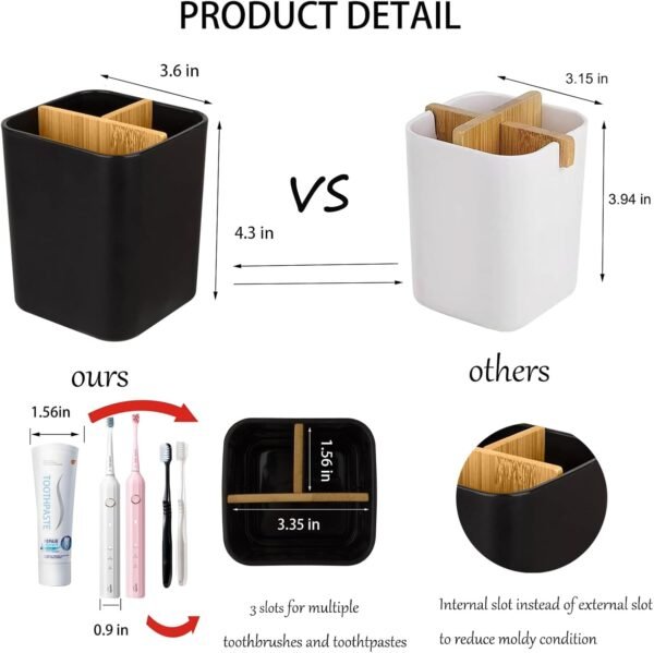 Bamboo Toothbrush Holder for Bathrooms, 3 Slots Toothbrush and Toothpaste Holder Bathroom Counter Organizer for Electric Toothbrushes, Floss, Razors - Black - Image 2
