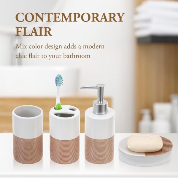 Deluxe 4 Piece Dual Tone White with Clay Stripe Ceramic Bathroom Accessories Set, Includes Soap Dish, Pump Dispenser, Tumbler Cup, and Toothbrush Holder - Image 2