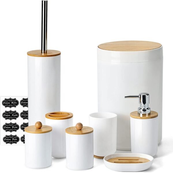 Bamboo Bathroom Accessories, 8pcs Bathroom Accessory Set with Trash Can, Toothbrush Holder, Soap Dispenser, Soap Dish, Plastic  Holder