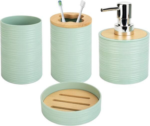 4 PCS Plastic & Bamboo Circular Bathroom Accessories Set, Soap Dispenser and Toothbrush Holder Set, Soap Dish and Mouthwash Cup(Haze Green)