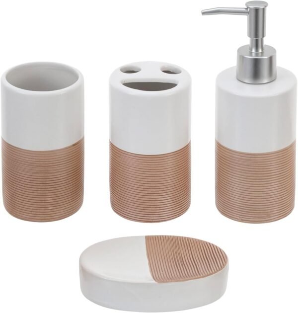 Deluxe 4 Piece Dual Tone White with Clay Stripe Ceramic Bathroom Accessories Set, Includes Soap Dish, Pump Dispenser, Tumbler Cup, and Toothbrush Holder