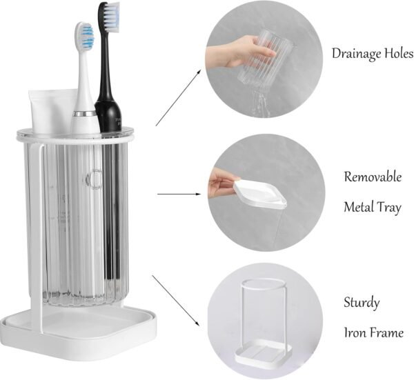 Toothbrush Holders with Drain Tray, Hanging Toothbrush and Toothpaste Holder Organizer Bathroom Caddy Countertop for Toothpaste, Razors, Electric Toothbrush - Clear - Image 2