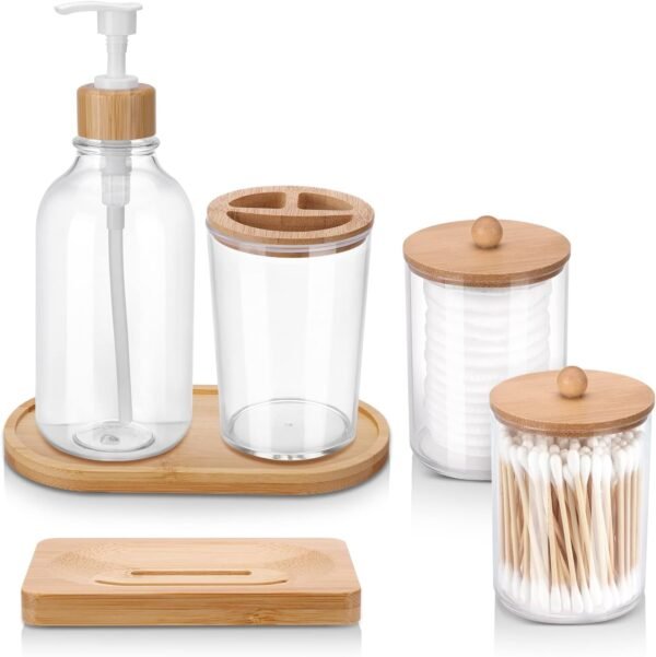 Bathroom Soap Dispenser Set, Bamboo Bathroom Accessories Set of 6, Toothbrush Holder, Soap Dispenser, Soap Dish, Tray and 2 Plastic  Medicine Jars with Bamboo Lid