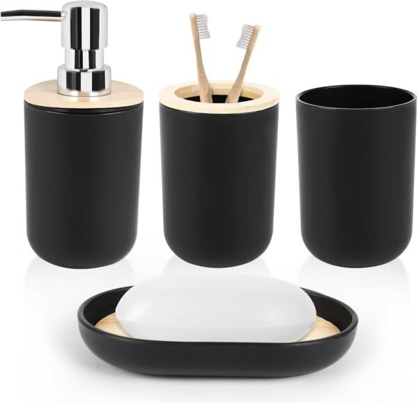 4 Piece Bathroom Accessories Set, Plastic Bathroom Accessory Set, Toothbrush Holder, Toothbrush Cup, Soap Dispenser, Soap Dish, Bamboo Lids, Black