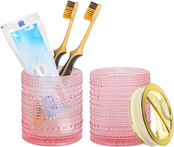Pink Toothbrush Holders,2pcs Glass Toothbrush Holder Set,Clear 10oz Bathroom Tumbler,Gold Toothbrush and Toothpaste Cup Holder Storage Organizer for Bathroom Accessories