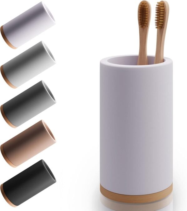 Bamboo Toothbrush Holder Diatomite Tooth Brush Organizer - Storage Stand for Small Bathroom & Counter - Removable Base & Drain Holes, Water-Absorbent & Quick-Drying (Off White)