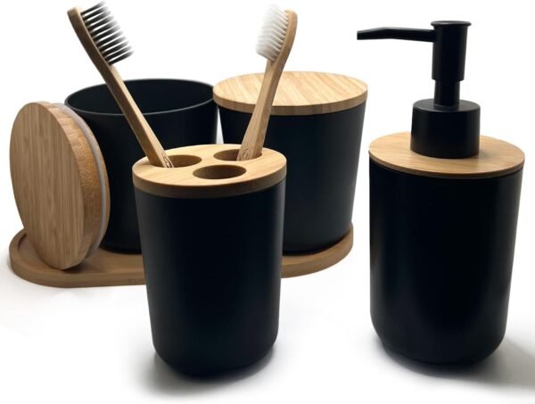 Black Bathroom Soap Dispenser Set - 5pc - Black Toothbrush Holder Set - 2 Storage Jars for Bathroom - Bamboo Tray - Toothbrush Holder & Soap Dispenser