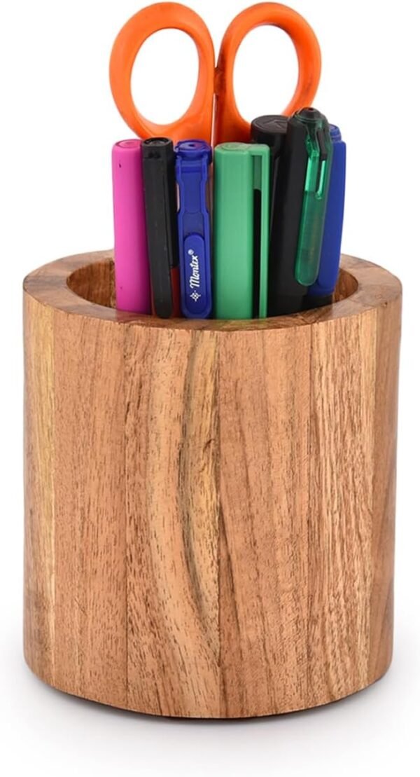 Acacia Wood Toothbrush Holder for Bathroom for Toothbrush, Toothpaste, Pens, Makeup Brushes Holder (4" x 4" x 4")