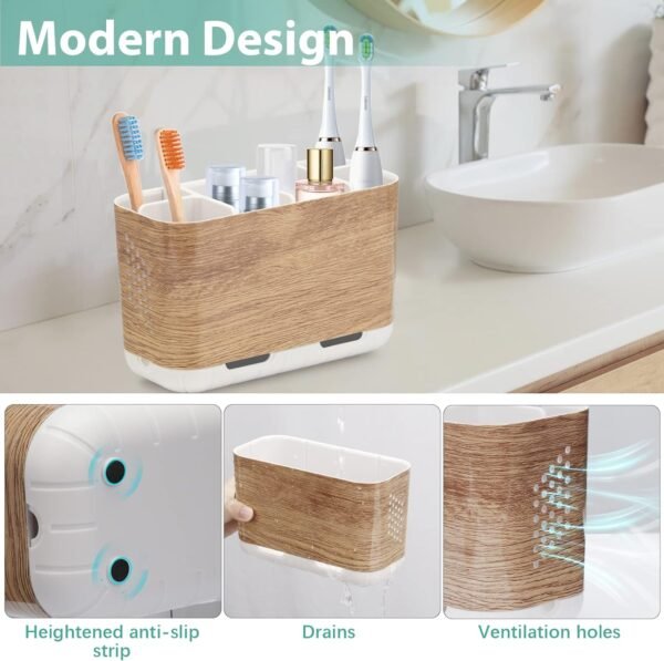 Toothbrush and Toothpaste Holder Wood Grain for Bathroom Countertop with Adjustable Dividers, Toothpaste Caddy Organizer Storage Rustic Decor Set Freestanding Anti-Slip for Shower,Family,Kids - Image 2