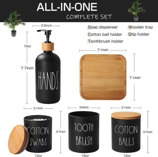 Matte Black Bathroom Accessories Set, 5 Pcs Glass Bathroom Accessory Set with Bamboo Tray, Soap Dispenser and Toothbrush Holder Set,  Holder Set, Farmhouse Boho Bathroom Set Complete