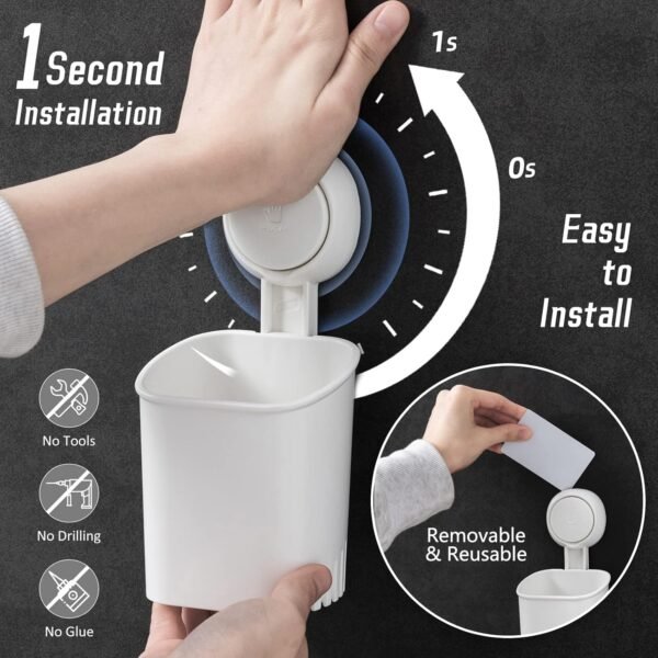 Powerful Suction Toothbrush Holder, Removable Drill-Free Wall Shower Holder for Toothbrush, Toothpaste, Razor, Self-draining Suction Cup in Shower, Kitchen Tableware Organizer, White, 2 Pack - Image 2