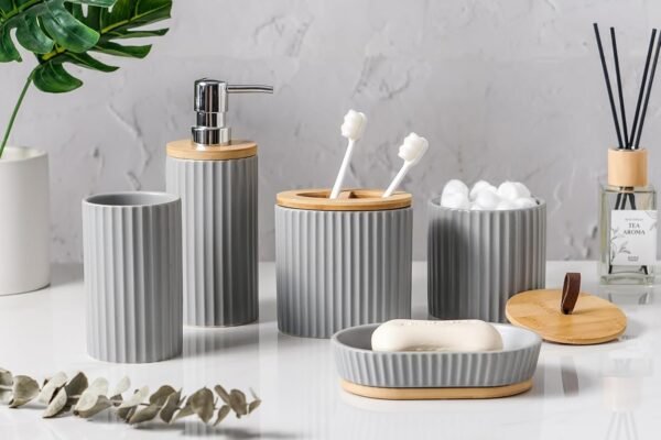 Contemporary Bathroom Vanity Set - 5pc Soap Dispenser and Toothbrush Holder Set with Cotton Ball Dispenser, Soap Dish, Tooth Glass - Ceramic Sink Accessories Set for Modern Bathrooms（Gray） - Image 2