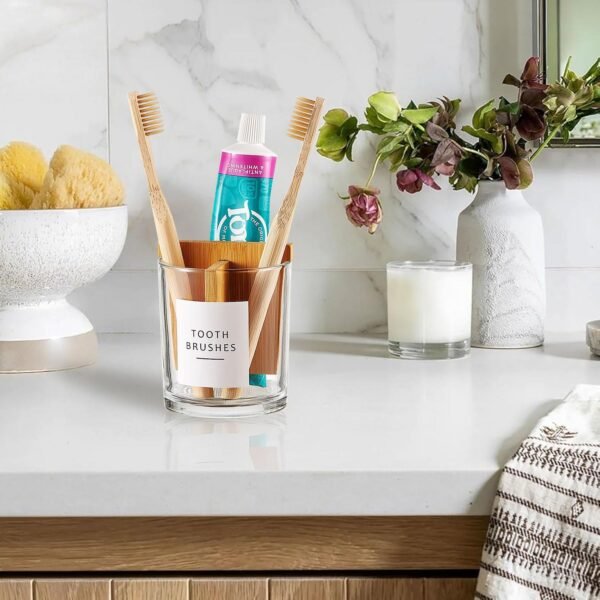 Glass Toothbrush and Toothpaste Holder with Bamboo Divider for Bathroom Countertop, Toothbrush Organizer Stand for Bathroom Vanity Countertops - 1 Pack