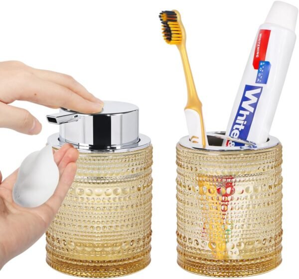 Amber Bathroom Accessory Set, Glass Toothbrush Holder and Foaming Soap Dispenser Set, Soap and Toothbrush Holder, Bathroom Tooth Brush Cup Organizer for Brushes, Toothpaste, Razor