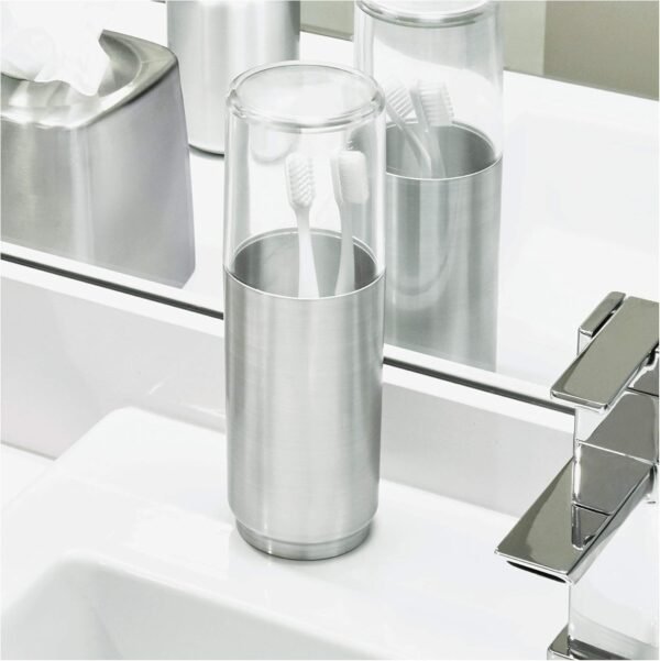 Metal Covered Holder Stand, Holds Regular and Electric Toothbrushes in Master, Guest, Kid's, College Dorm Bathroom, Brushed