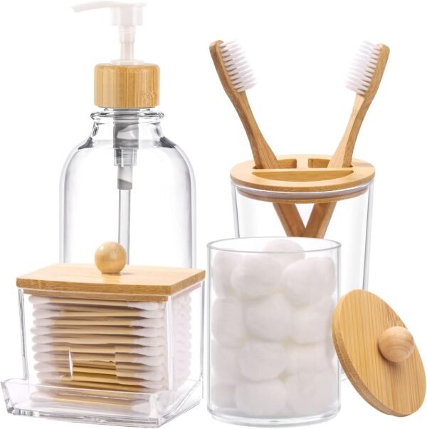 Bamboo Bathroom Accessories Set 4 Pcs - Clear Toothbrush Holder Plastic Soap Dispenser and 2  Holder Cotton Swab/Pad/Ball Container Jar