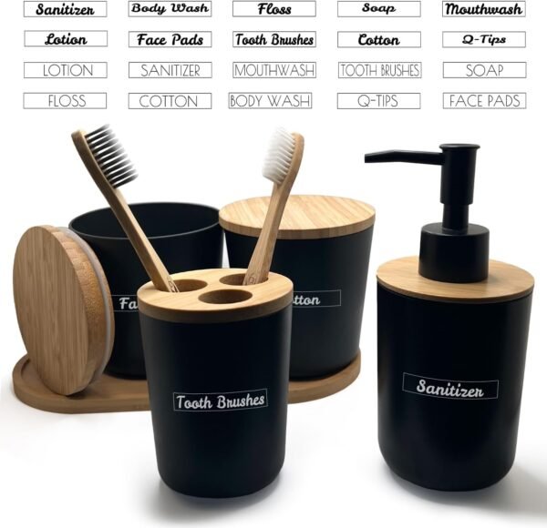 Black Bathroom Soap Dispenser Set - 5pc - Black Toothbrush Holder Set - 2 Storage Jars for Bathroom - Bamboo Tray - Toothbrush Holder & Soap Dispenser - Image 2