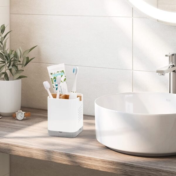 Toothbrush and Toothpaste Holder with Bamboo Divider for Bathroom Countertop Organizer, Plastic Detachable Anti-Slip Large Electric Toothbrush Holders Storage Caddy Drainage for Family, Kids - Image 2