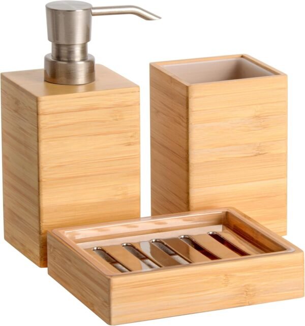 Bamboo Bathroom Accessories Set, 3 Pcs Wood Bathroom Accessories Soap Dispenser, Toothbrush Holder, Soap Dish, Kitchen Soap Dispenser Set for  Decor, Housewarming Gift
