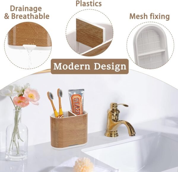 Toothbrush and Toothpaste Holder with Divider for Bathroom Countertop Organizer, 2 Slots Electric Toothbrush Holders Storage Caddy Drainage for Family, Kids(Wood Grain) - Image 2