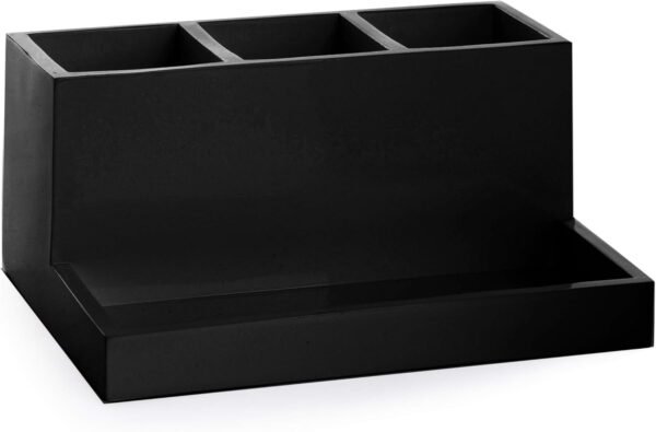 Multi Purpose 3 Compartment Organizer with Tray - Makeup Brush Holder and Toothbrush Holder - Marble Bathroom Accessories (Matte Black)