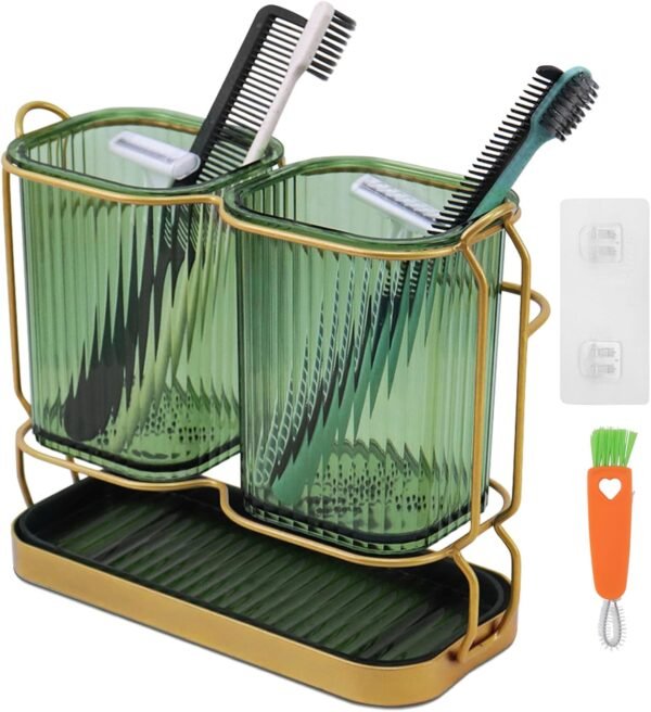 Green Toothbrush Holders for Bathrooms, Toothbrush Holders with Drain Tray, 2 Cups Tooth Brushing Holder, Bathroom Organizers and Storage Caddy Countertop for Toothpaste, Razors, Toothbrush