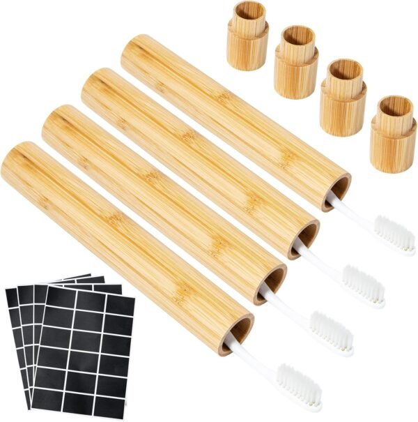 4 Pcs Portable Bamboo Toothbrush Case, Wooden Toothbrush Covers Storage Container Reusable Toothbrush Travel Holder Sustainable for Trip Camping  Travelling