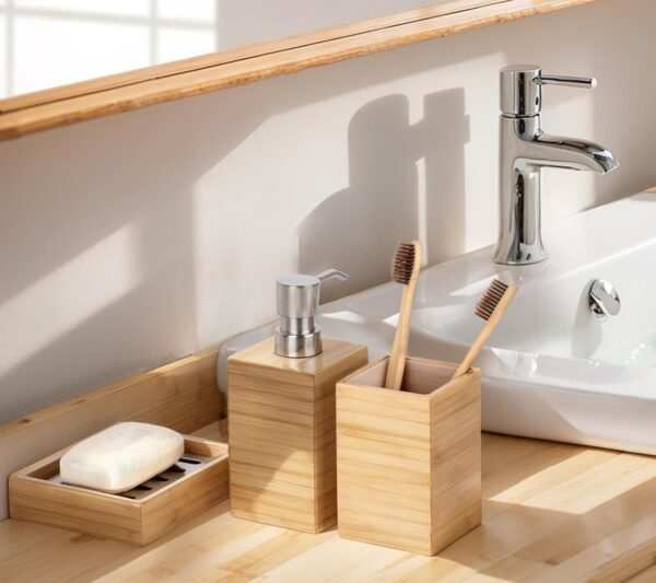Bamboo Bathroom Accessories Set, 3 Pcs Wood Bathroom Accessories Soap Dispenser, Toothbrush Holder, Soap Dish, Kitchen Soap Dispenser Set for  Decor, Housewarming Gift - Image 2