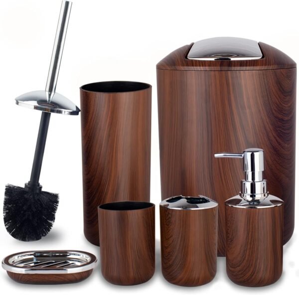Bathroom Accessories Set 6 Piece Plastic Bath Ensemble Soap Dispenser Toothbrush Holder, Tumbler Soap Dish Soap Saver Trash Can Toilet Brush Holder Decorative Countertop Bathroom Accessoy Set (Brown)