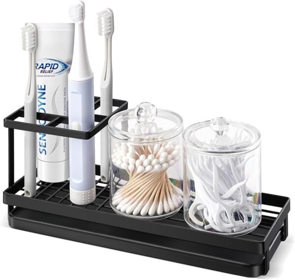 Toothbrush Holders for Bathrooms, 4 Slots Rustproof Metal Tooth Brushing Organizer with Drainage, Electric Tooth Brush Toothpaste Holder for Bathroom Countertop, Black
