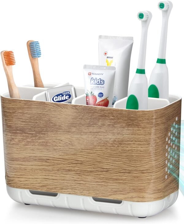 Toothbrush and Toothpaste Holder Wood Grain for Bathroom Countertop with Adjustable Dividers, Toothpaste Caddy Organizer Storage Rustic Decor Set Freestanding Anti-Slip for Shower,Family,Kids