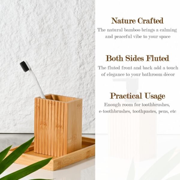 Natural Bamboo Toothbrush Holder, Fluted Square Design for Countertop, Multipurpose Pen Holder or Desktop Organizer, Natural - Image 2