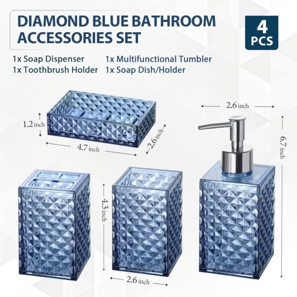 Bathroom Accessories Set, 4 Pack Blue Acrylic Bath Accessory Sets Complete, Diamond Soap Dispenser and Toothbrush Holder Bathroom Counter Sink Set, Boho Modern Bathroom Decor