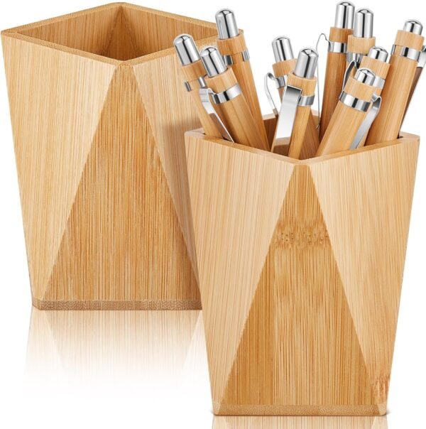 2 Pcs Wood Pen Pencil Holder Geometric Pencil Cup Stand Makeup Organizer for Pen Holder Desk  Office Adults(Bamboo)