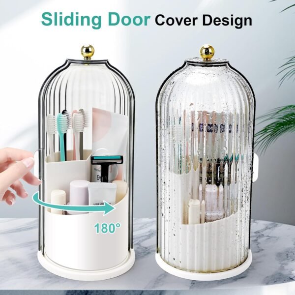 Toothbrush Holders with Sliding Lid, Rotating 3 Slots Bathroom Organizer Countertop, Tooth Brush Toothpaste Holder Bathroom Counter Stand Sink Organizer Caddy for Vanity Makeup Brushes Holder - Image 2