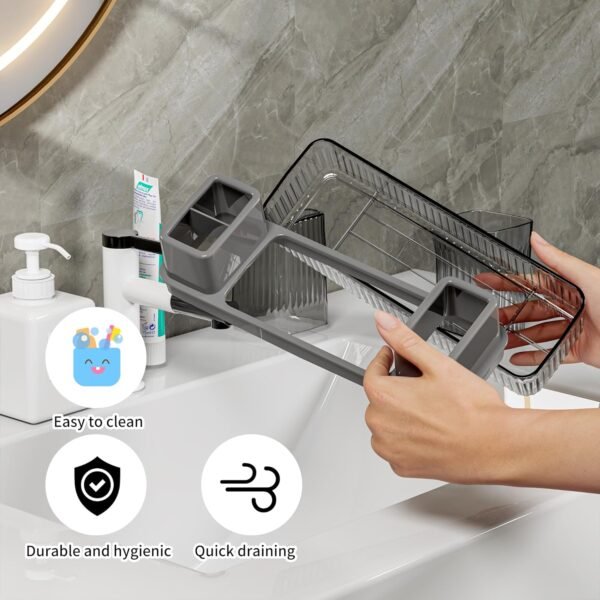 Toothbrush Holder for Bathrooms, 2 Cups Toothbrush Organizer for Bathroom Countertop, Toothbrush Holder Toothbrush Storage for Shower, Tooth Brushing Holder Cup Tray and Toothpaste Caddy Black - Image 2