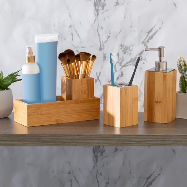 Bamboo Bathroom Accessories Set - 4-Piece Bath Set with Toothbrush Holder, Soap Dispenser, Storage Container, Organiser Tray - Natural Wood