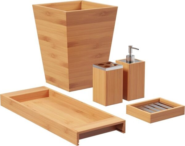 5-Piece Bathroom Decor Set - Bamboo Vanity Accessories with Trash Bin, Soap Dish, Soap Dispenser, Toothbrush Holder, and Tray by   (Natural)
