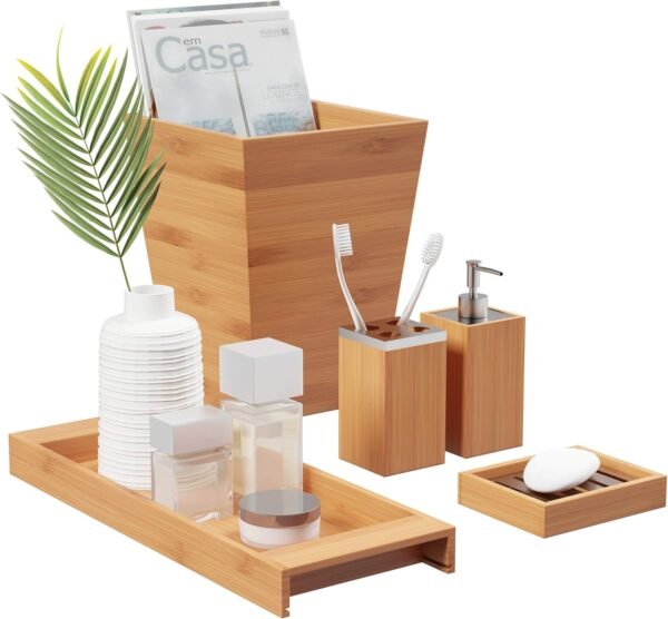 5-Piece Bathroom Decor Set - Bamboo Vanity Accessories with Trash Bin, Soap Dish, Soap Dispenser, Toothbrush Holder, and Tray by   (Natural) - Image 2