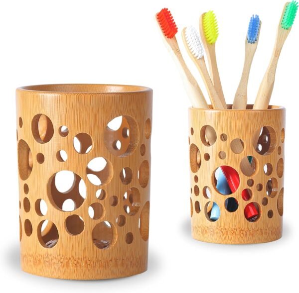Bamboo Toothbrush Holder - Toothbrush and Toothpaste Holder,Wood Toothbrush Holder for Bathrooms, Bamboo Bathroom Toothbrush Cups Accessories,Storage Organizer Makeup Brush Holders (Circle)