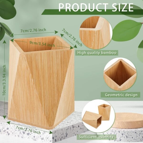 2 Pcs Wood Pen Pencil Holder Geometric Pencil Cup Stand Makeup Organizer for Pen Holder Desk  Office Adults(Bamboo) - Image 2