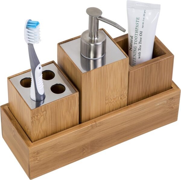 Bamboo Bathroom Accessories Set - 4-Piece Bath Set with Toothbrush Holder, Soap Dispenser, Storage Container, Organiser Tray - Natural Wood - Image 2